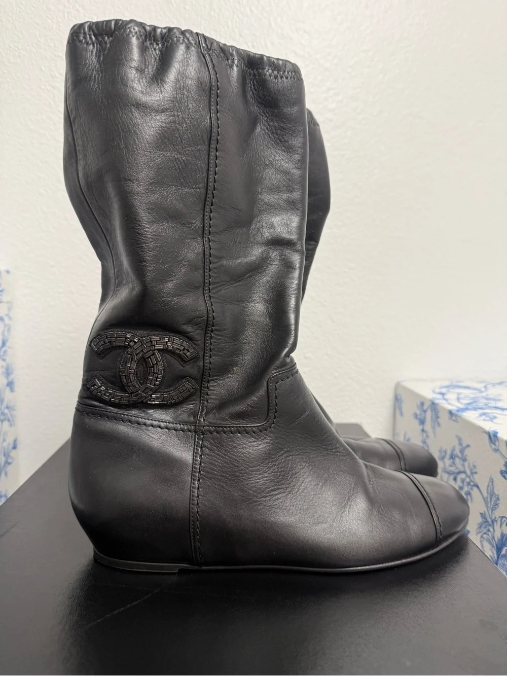 CHANEL Black Leather Boots with CC Logo